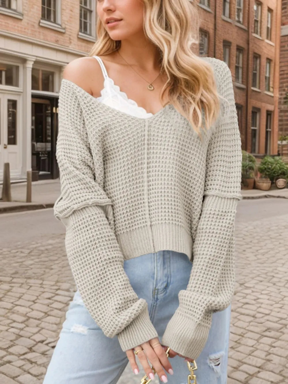 V-Neck Long Sleeve Sweater OutfitFlow