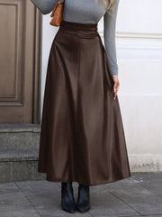 Leather A-Line Midi Skirt Brown OutfitFlow