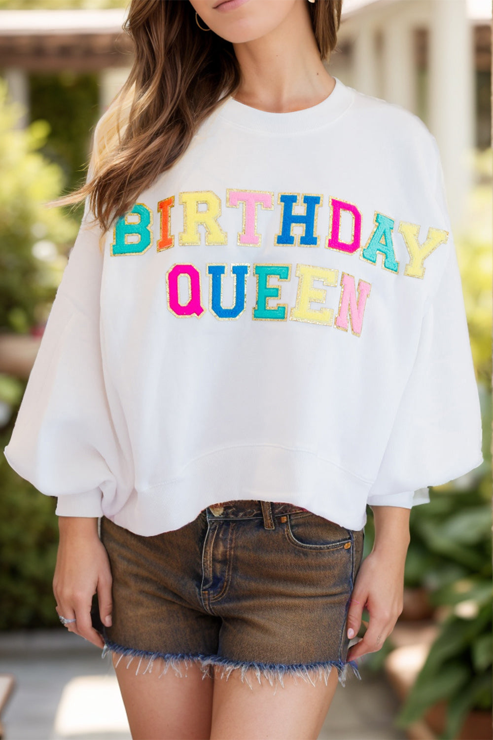 Outfit Flow - BIRTHDAY QUEEN Sequin Round Neck Long Sleeve Sweatshirt