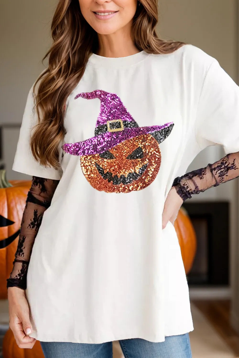 Sequin Pumpkin Round Neck Short Sleeve T-Shirt White OutfitFlow