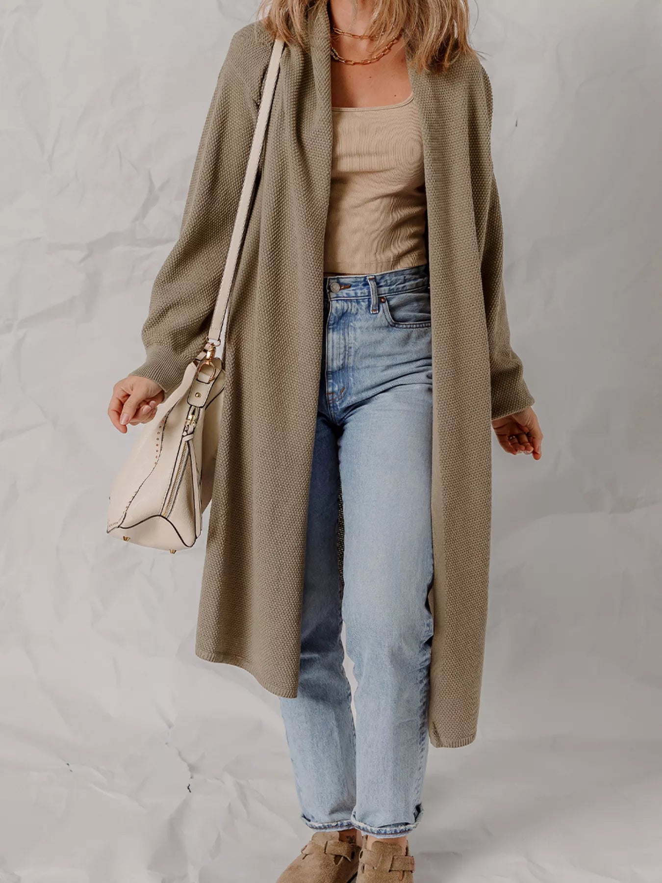 Solid Color Textured Knit Open Front Oversize Cardigan OutfitFlow
