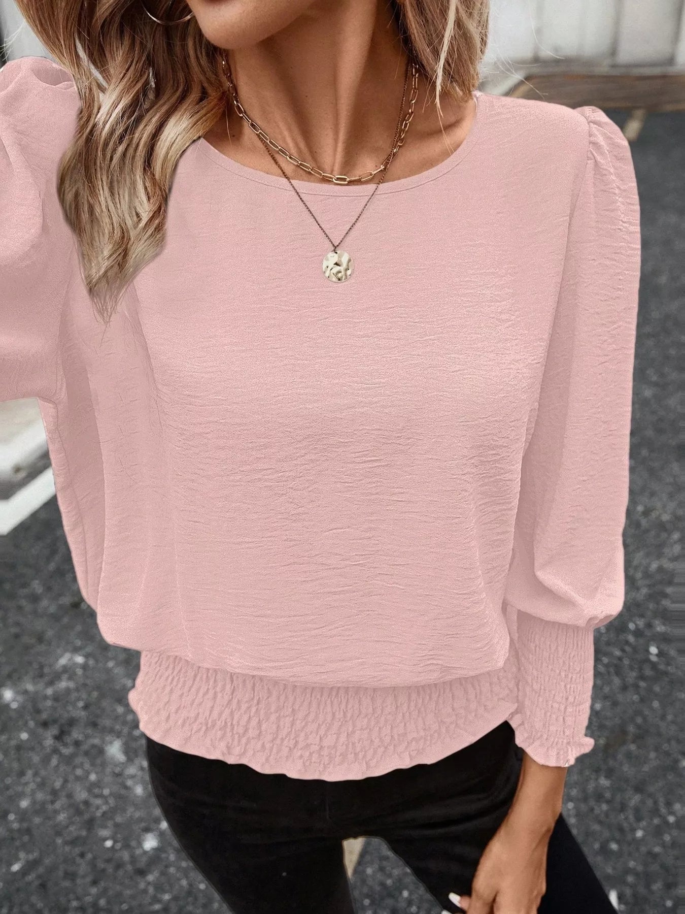 Smocked Waist Round Neck Blouse Trendsi