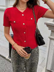 Button Down Short Sleeve Cardigan Red OutfitFlow
