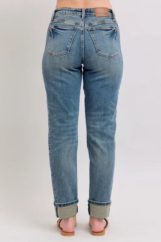 Judy Blue Full Size Mid Rise Vintage Wash Double Roll Cuff Boyfriend Jeans Plus Size OutfitFlow