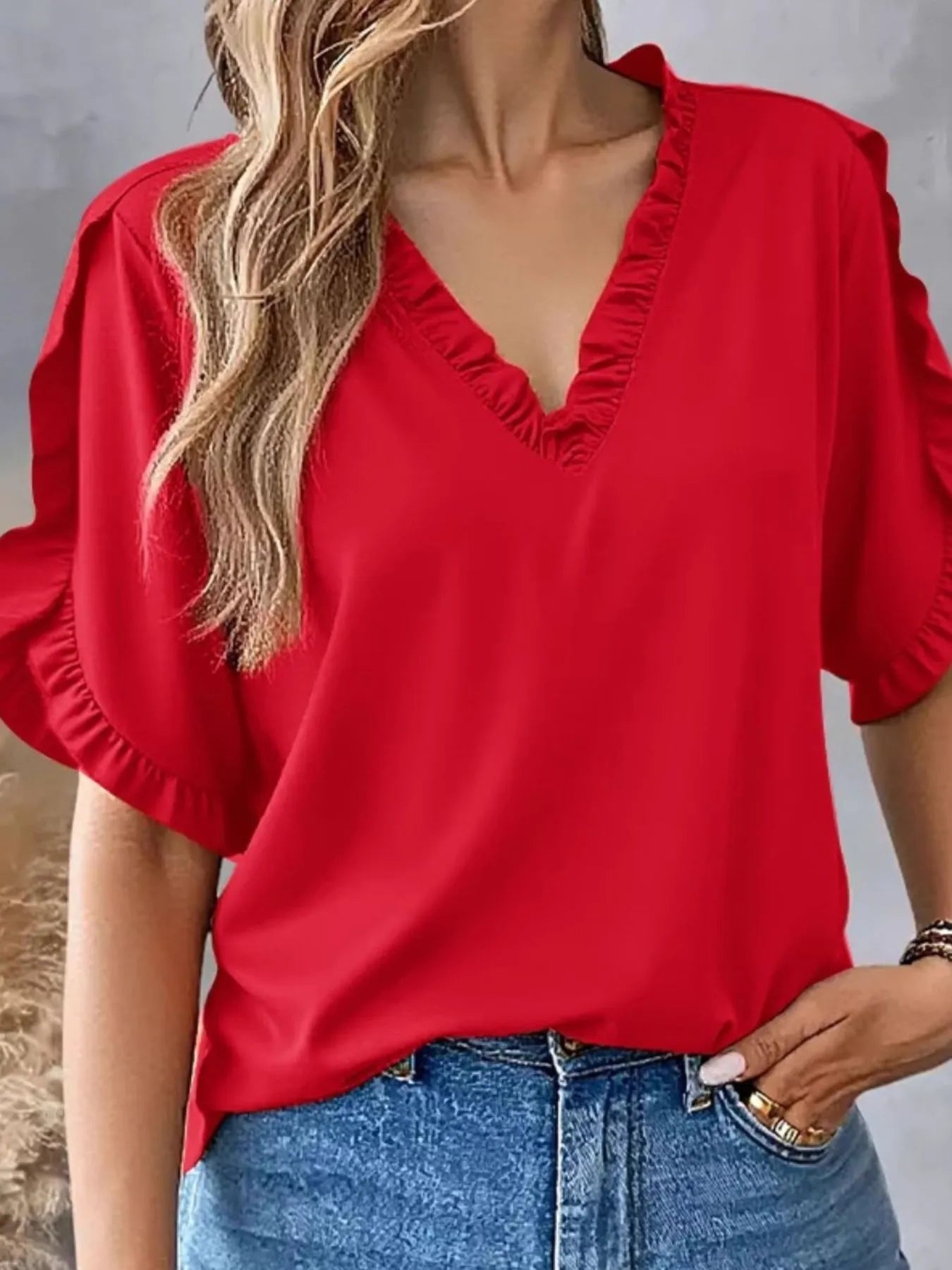 Ruffled V-Neck Short Sleeve Blouse OutfitFlow