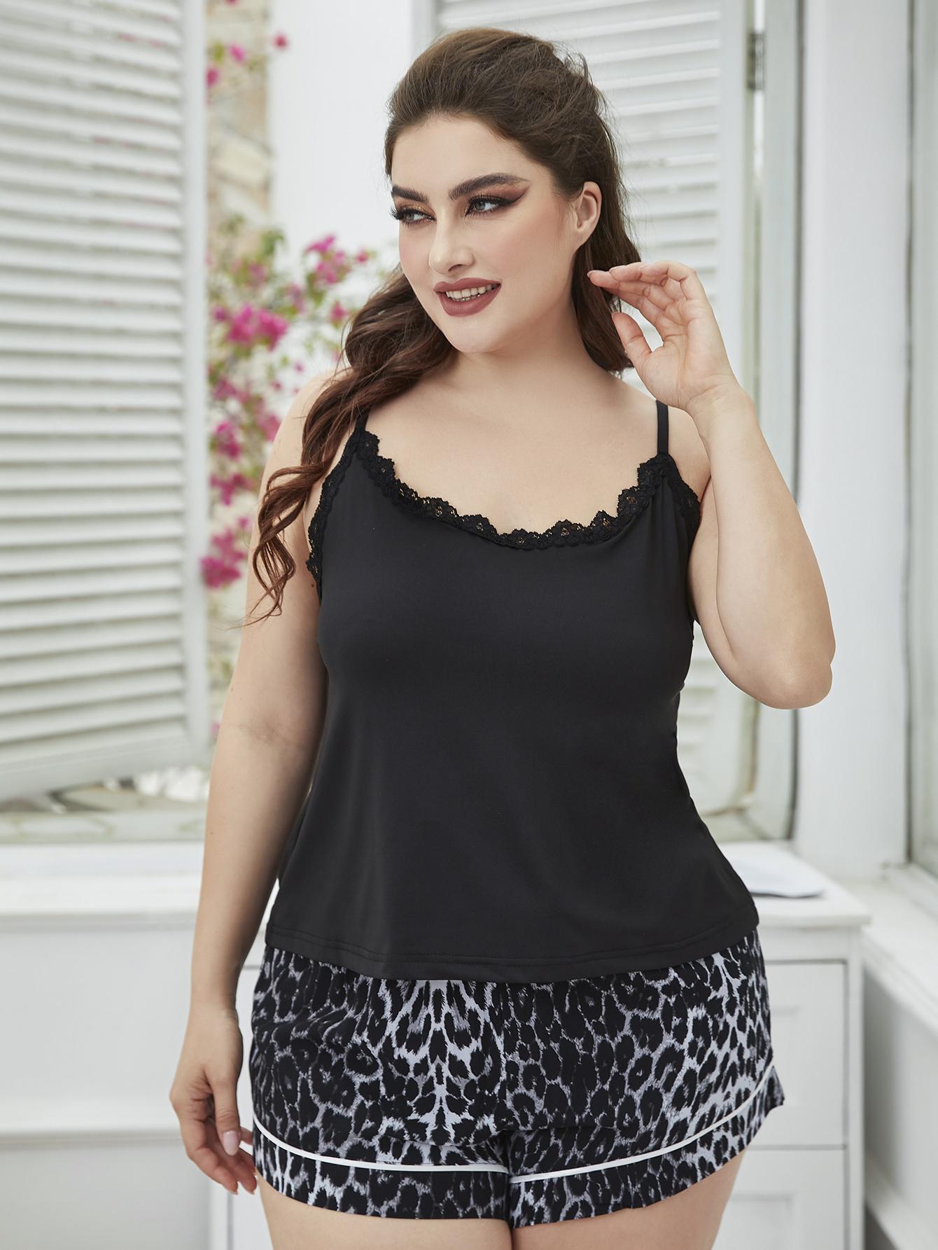 Outfit Flow - Plus Size Lace Trim Scoop Neck Cami and Printed Shorts Pajama Set