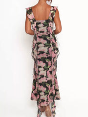 Floral Print Ruffle Trim Bodycon Maxi Dress OutfitFlow