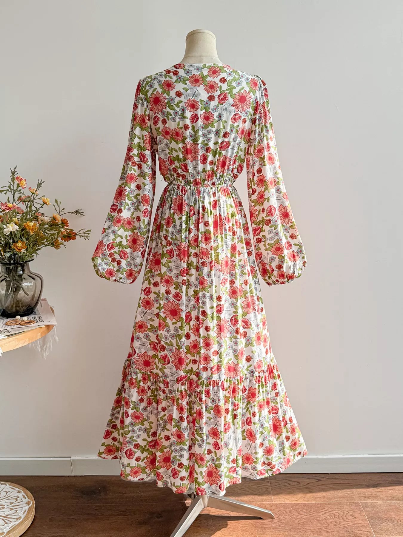 Floral Print V-Neck Bohemian Midi Dress OutfitFlow