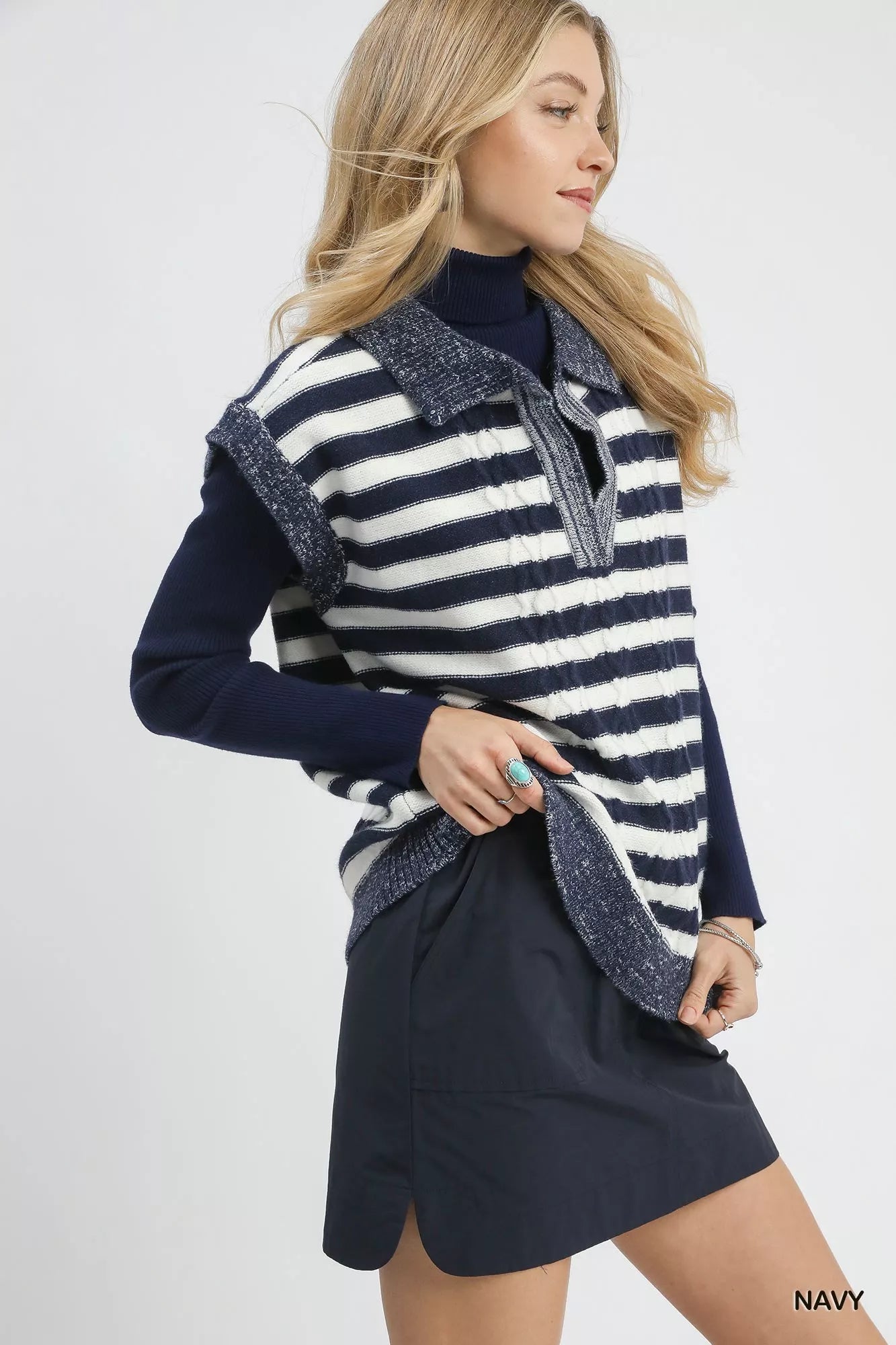 Umgee Cable Knit Collared Striped Vest Sweater OutfitFlow