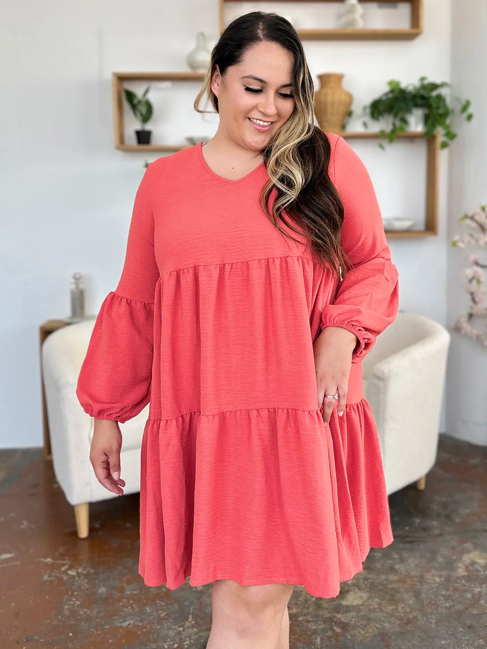 Double Take Full Size V-Neck Balloon Sleeve Tiered Dress with Pockets OutfitFlow
