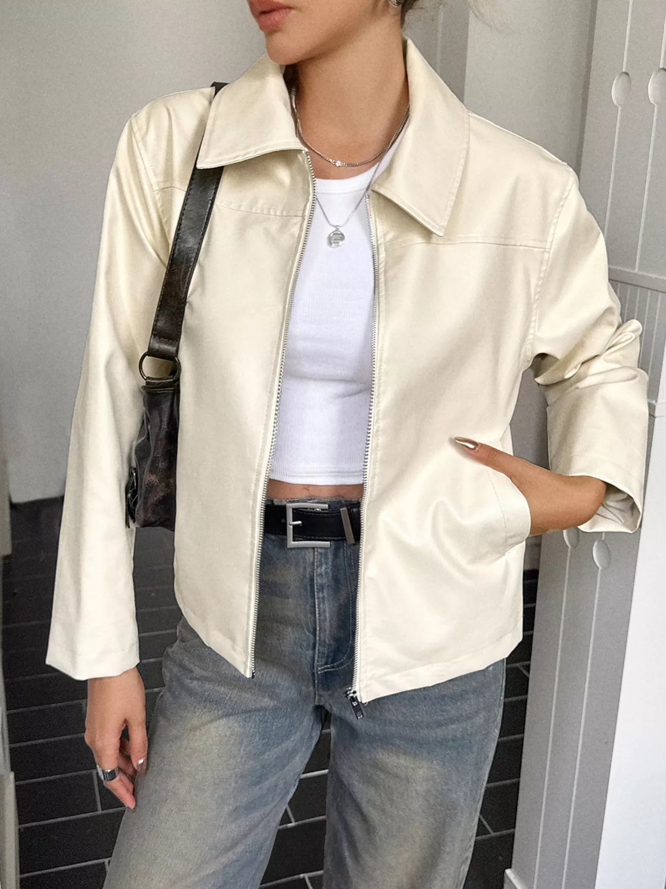 Zip Up Leather Jacket Ivory Trendsi
