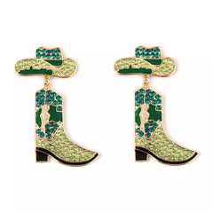 Rhinestone Cowboy Boot Dangle Earrings Green onesize OutfitFlow