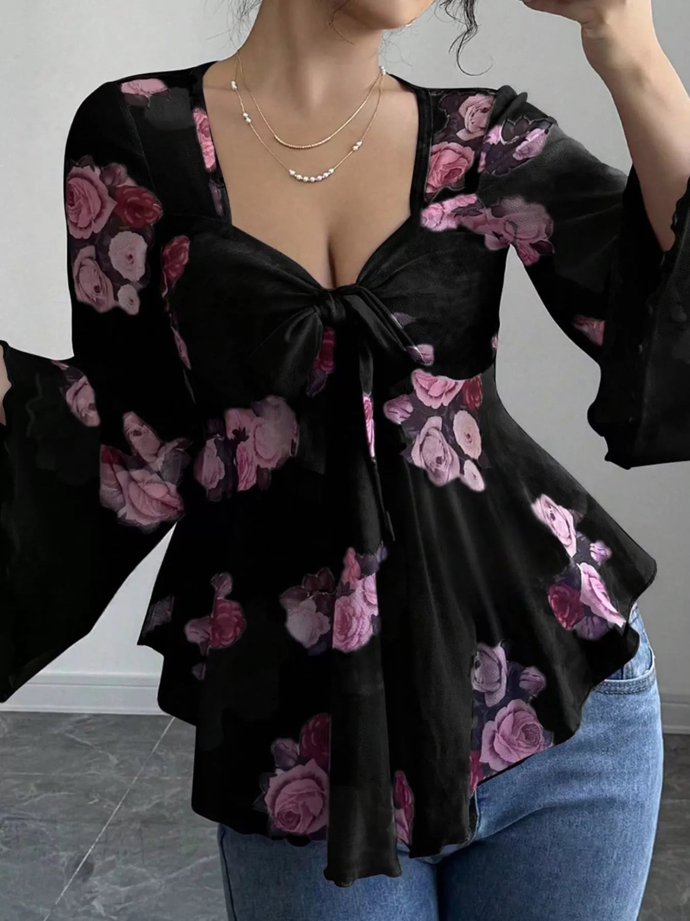 Floral Print Tie Front Flare Sleeve Blouse Black OutfitFlow