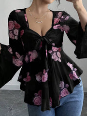 Floral Print Tie Front Flare Sleeve Blouse Black OutfitFlow