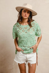 BiBi Openwork Crochet Short Sleeve Knit Top OutfitFlow