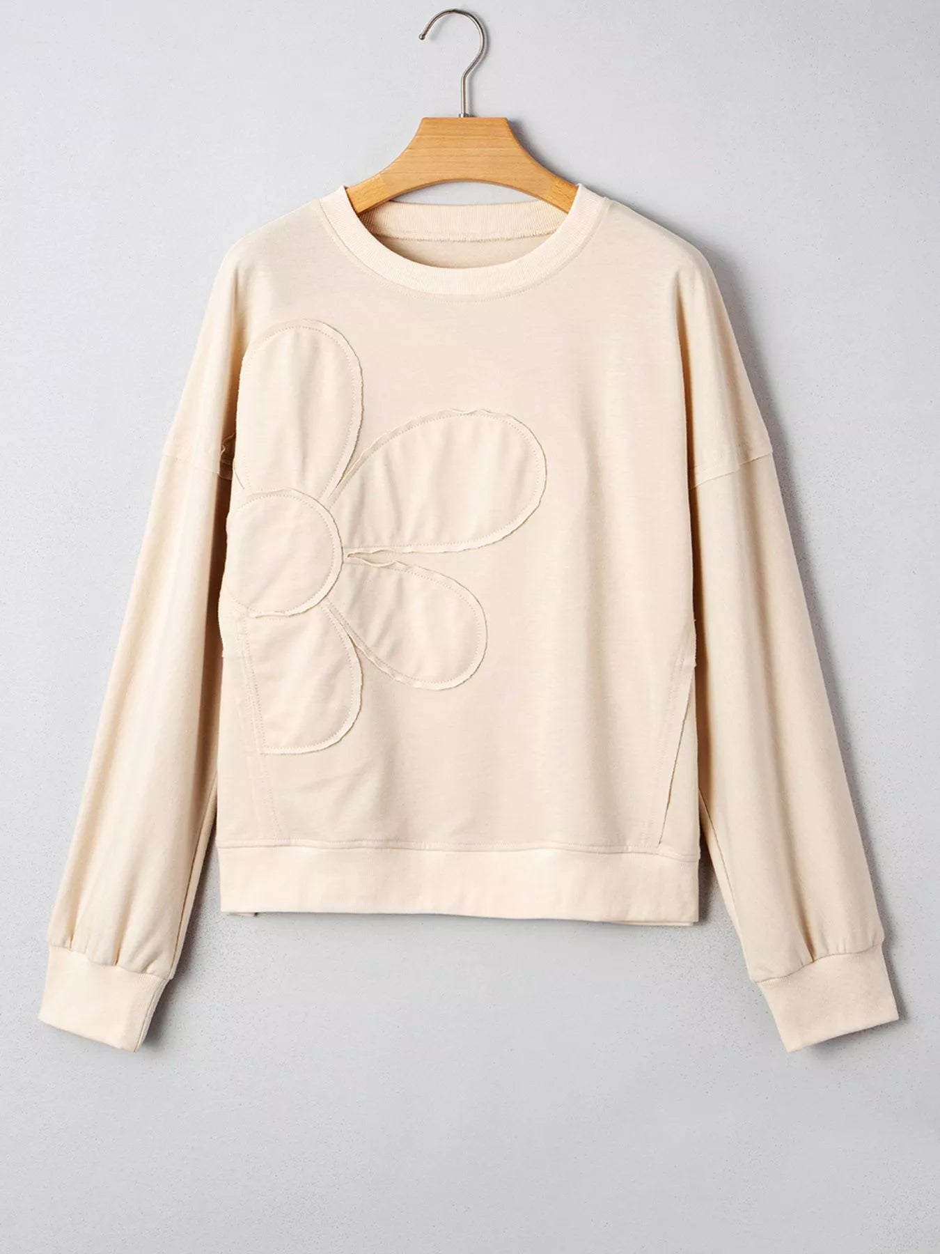 Raw Edge Flower Patch Drop Shoulder Casual Top OutfitFlow