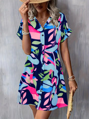 Printed Button-Down Shirt Dress Blue OutfitFlow
