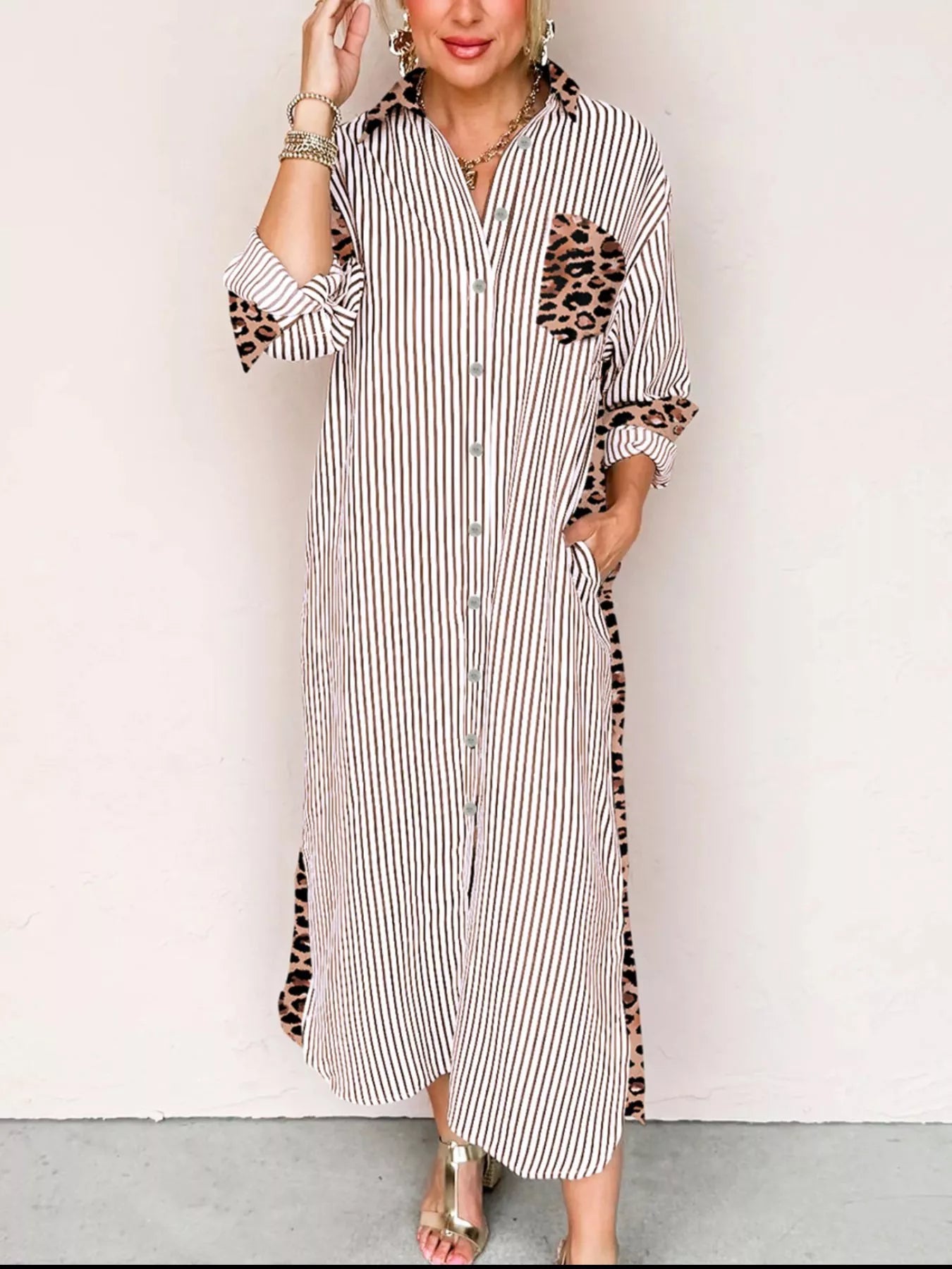 Striped Leopard Print Button Up Shirt Dress Trendsi