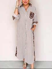 Striped Leopard Print Button Up Shirt Dress Trendsi