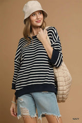 Umgee Ribbed Hem Striped Oversized Knit Top OutfitFlow