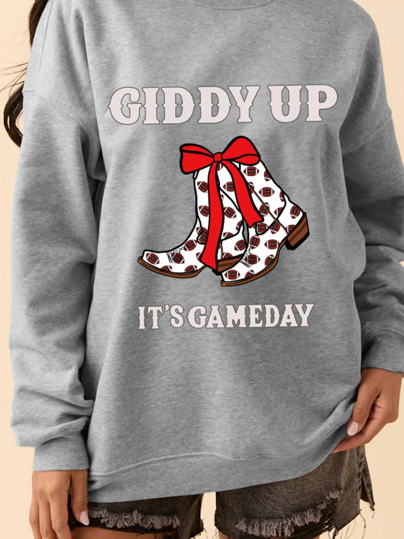 GIDDY UP ITS GAME DAY Cowgirl Boots Graphic Sweatshirt Gray OutfitFlow