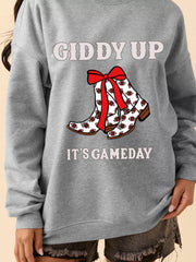 GIDDY UP ITS GAME DAY Cowgirl Boots Graphic Sweatshirt Gray OutfitFlow