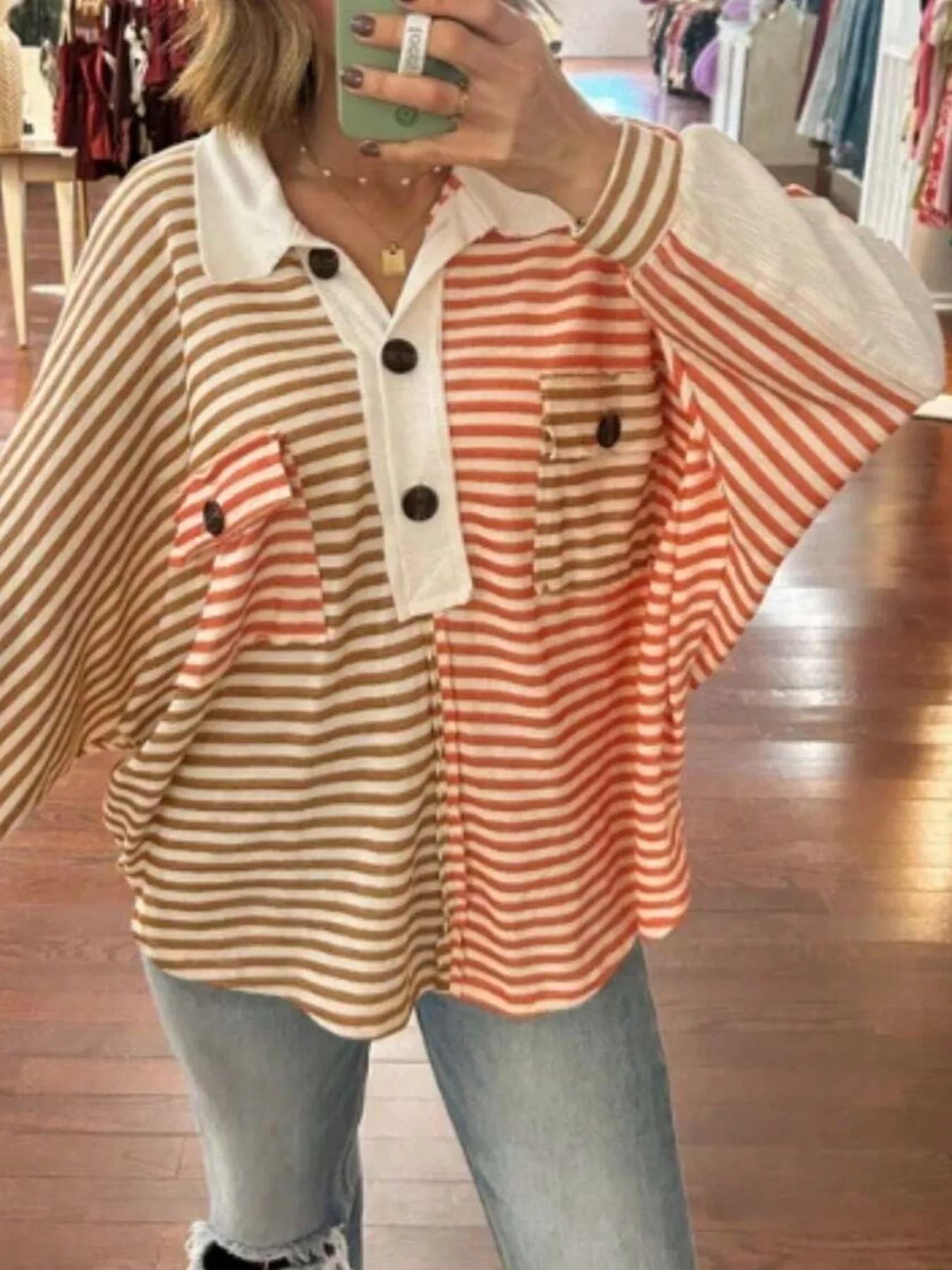 Striped Oversized Half Button Sweatshirt OutfitFlow