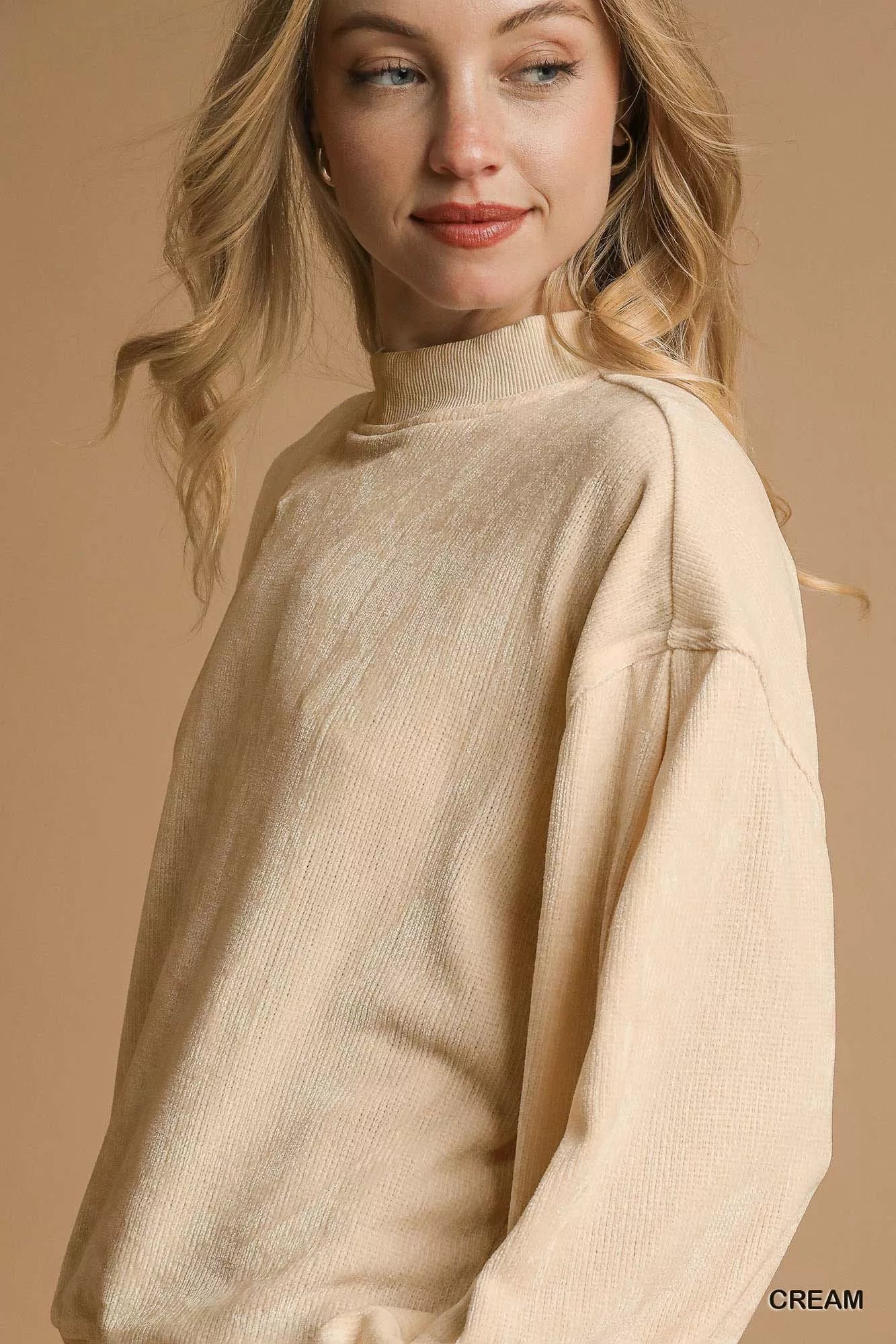 Umgee Velour Crewneck Balloon Sleeve Sweatshirt OutfitFlow