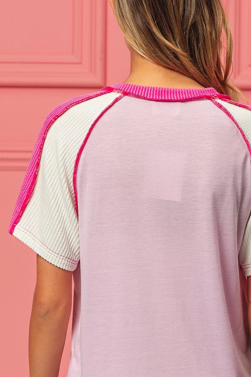 BiBi Cord Rib Combo V Neck Jersey Knit Top OutfitFlow
