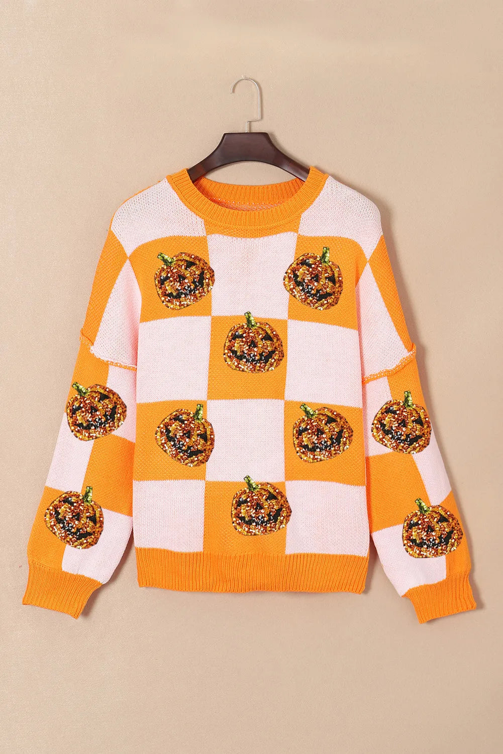 Pumpkin Checkered Round Neck Long Sleeve Sweater OutfitFlow