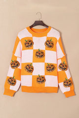 Pumpkin Checkered Round Neck Long Sleeve Sweater OutfitFlow