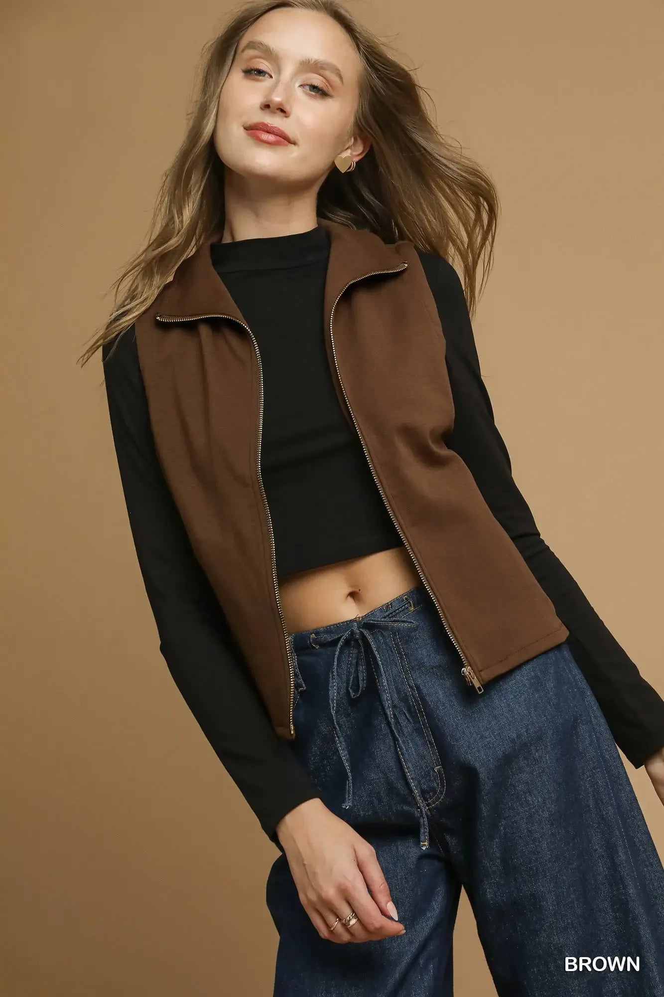 Umgee Zip-Front Fitted Vest with Pockets Brown Trendsi