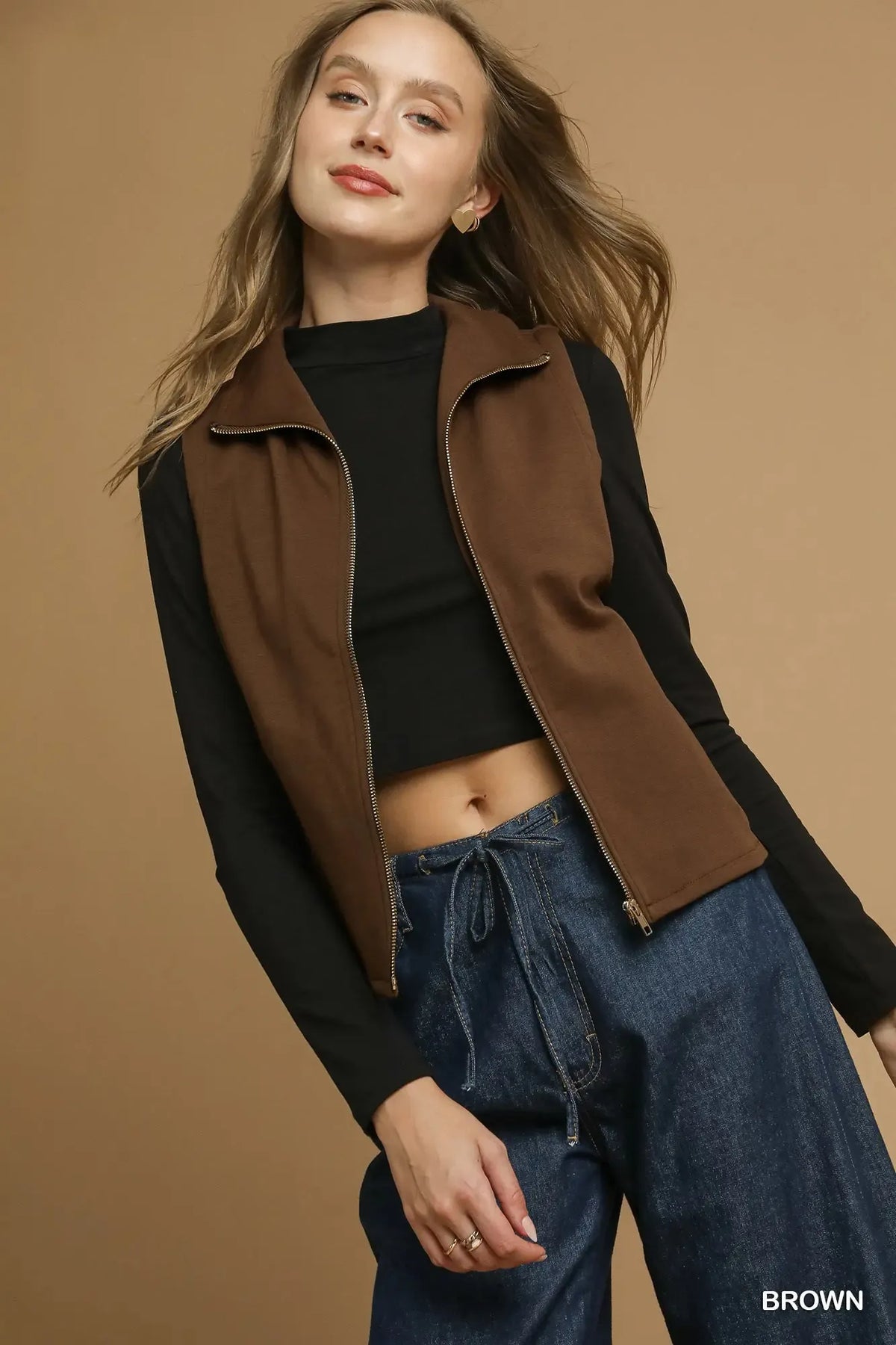 Umgee Zip-Front Fitted Vest with Pockets Brown Trendsi