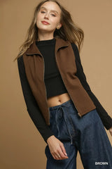 Umgee Zip-Front Fitted Vest with Pockets Brown Trendsi