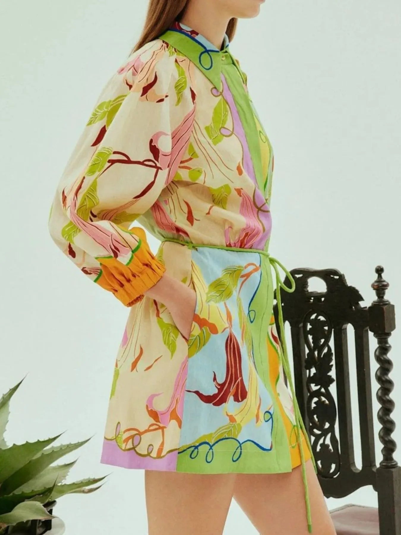 Abstract Print Tie Front Mini Shirt Dress with Pockets OutfitFlow