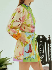 Abstract Print Tie Front Mini Shirt Dress with Pockets OutfitFlow