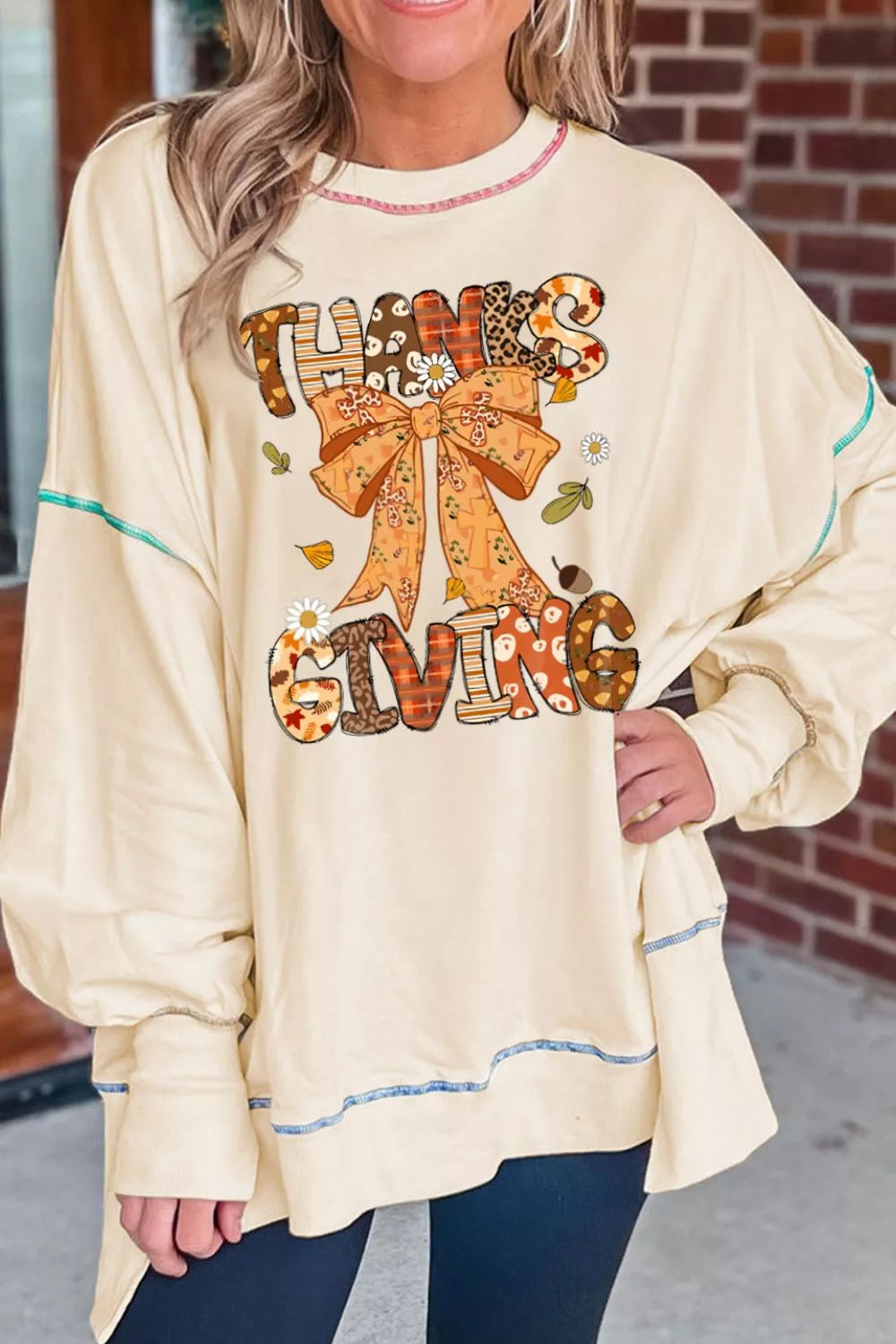 Thanksgiving Graphic Crew Neck Sweatshirt OutfitFlow