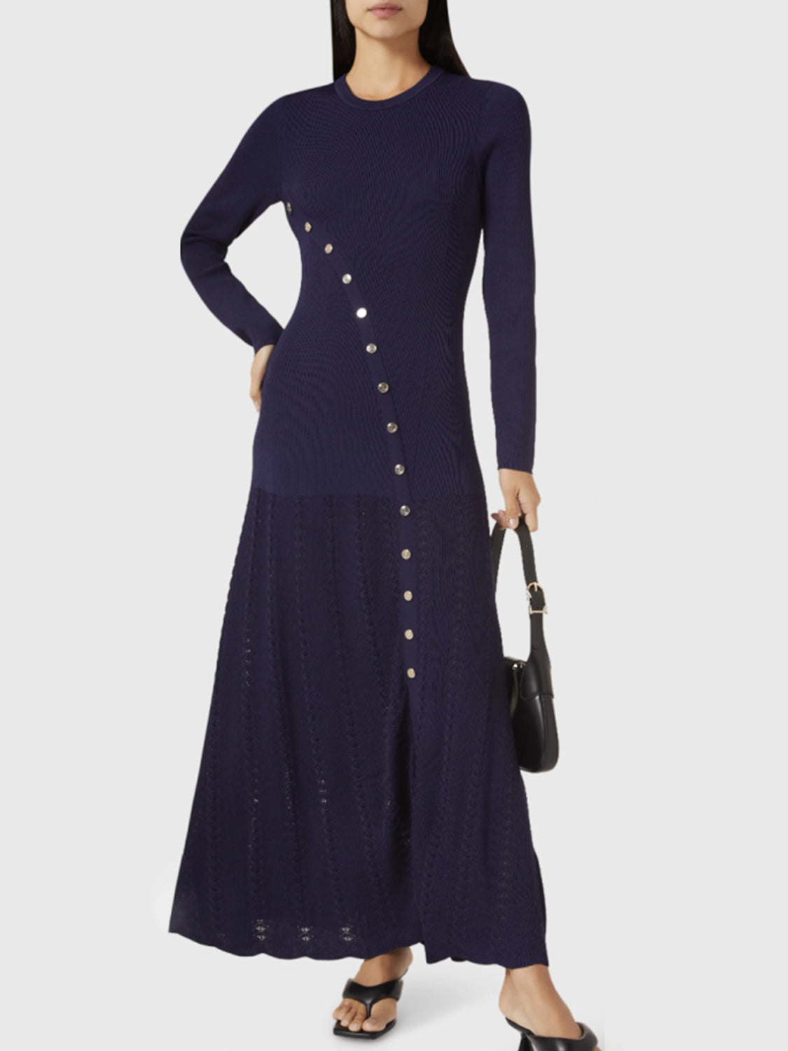 Outfit Flow - Openwork Round Neck Long Sleeve Sweater Dress