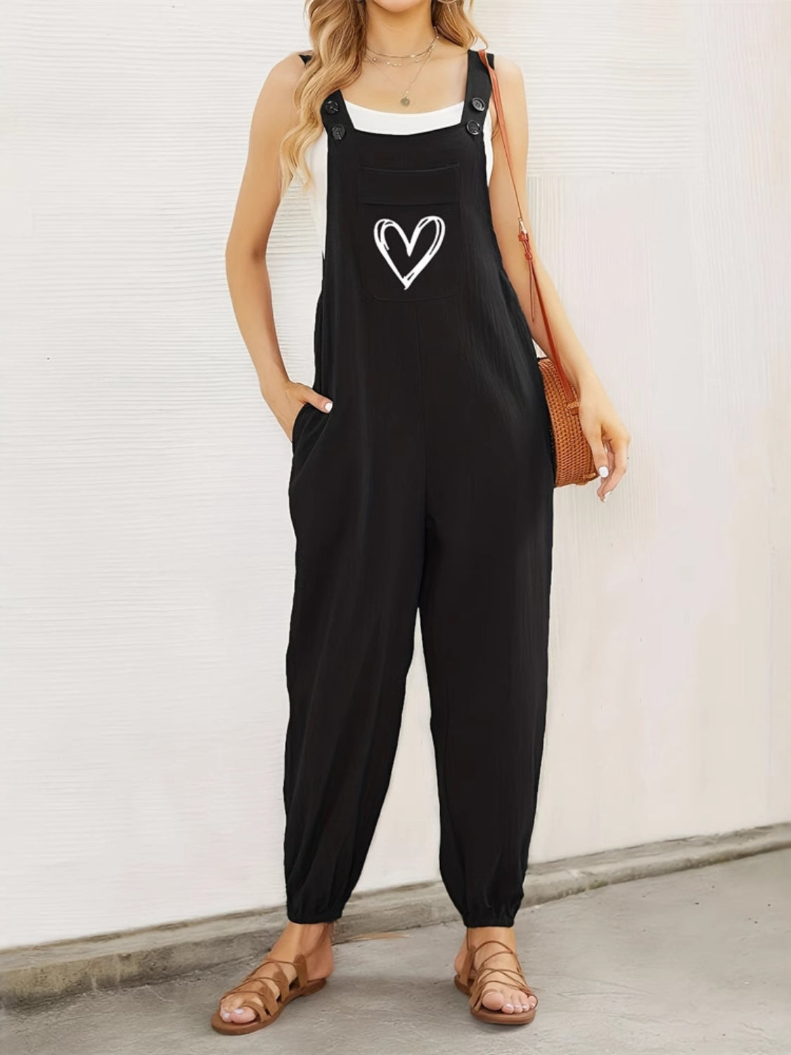 Heart Square Neck Wide Strap Overalls OutfitFlow