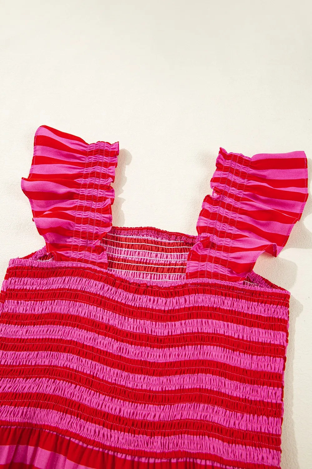 Stripe Flutter Sleeve Smocked Bodice Tiered Maxi Dress OutfitFlow