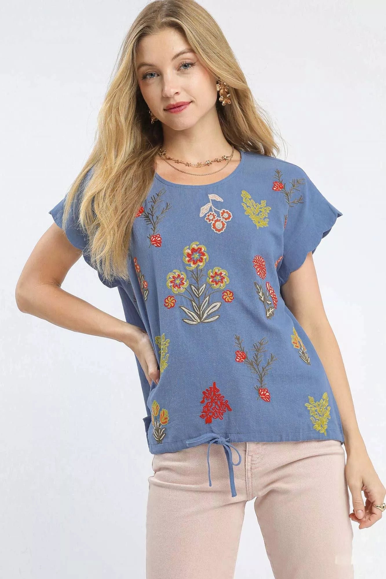 Umgee Embroidered Scallop Sleeve Top with Drawstring Hem DENIM OutfitFlow