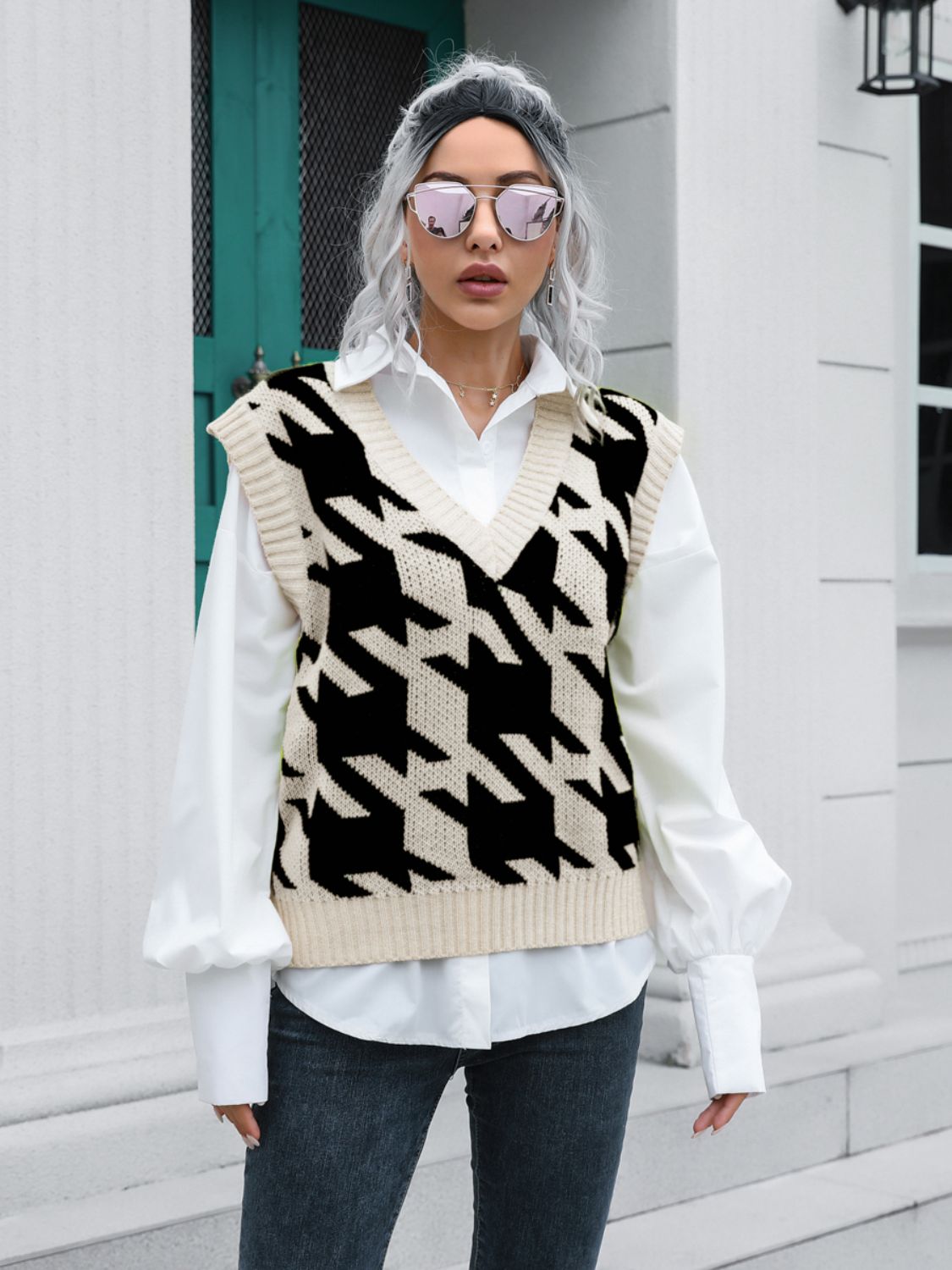 Houndstooth V-Neck Sweater Vest