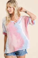 BiBi Tie Dye French Terry Top With Buttoned Placket OutfitFlow