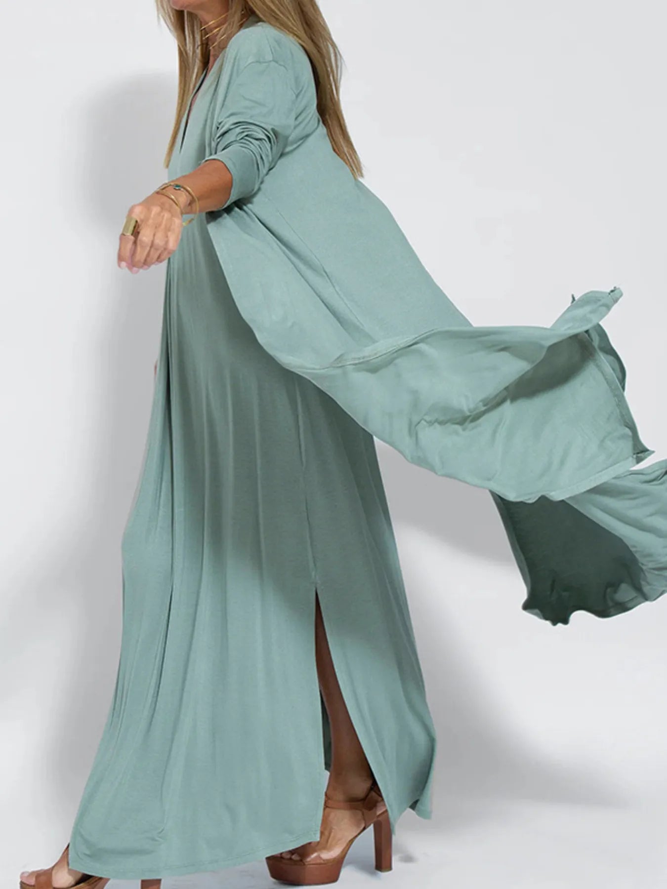 Full Size Open Front Side Slit Longline Cardigan Plus Size OutfitFlow