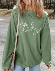 LUCKY Rhinestone Round Neck Long Sleeve Sweatshirt OutfitFlow