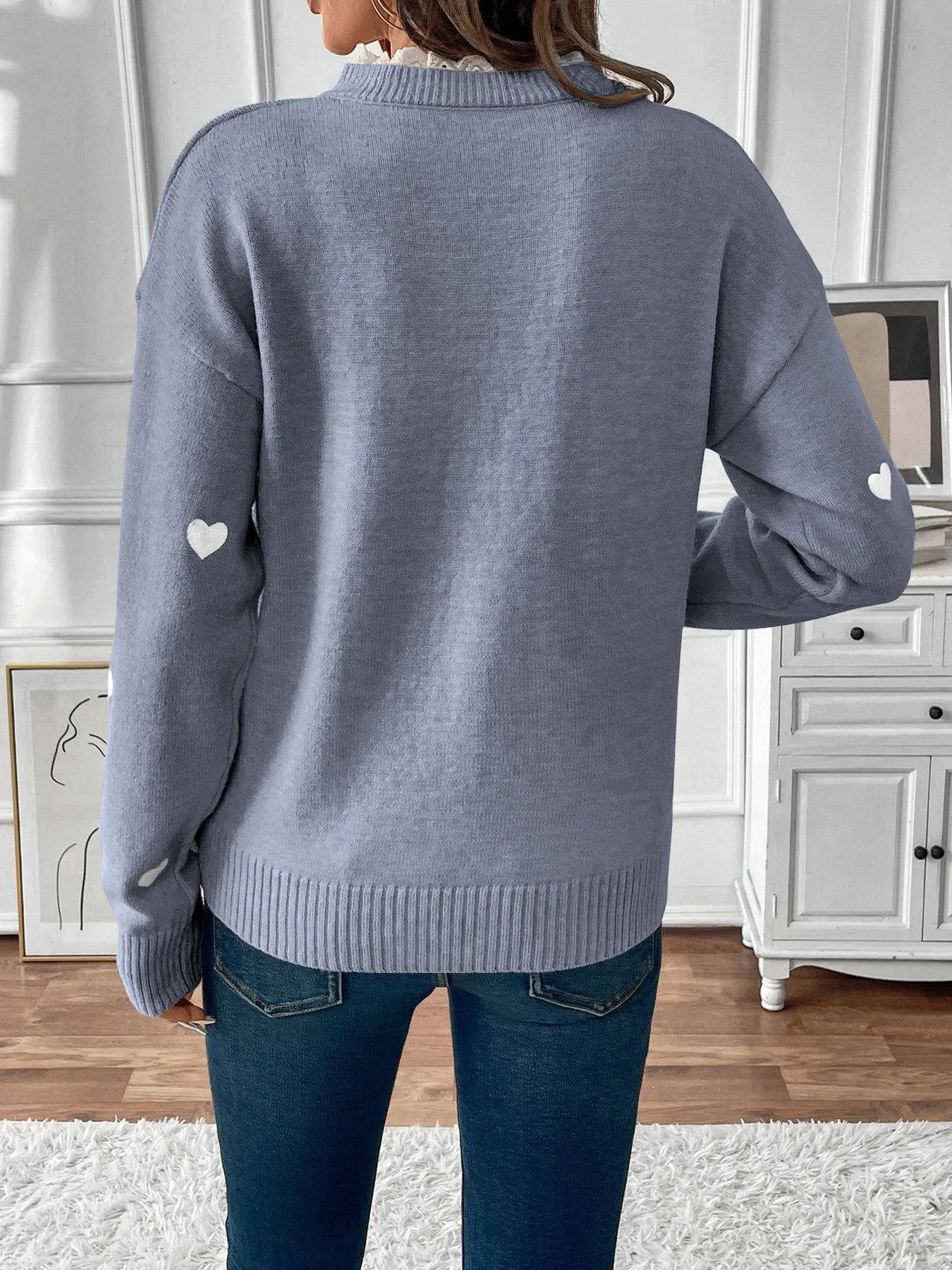 Heart V-Neck Long Sleeve Sweater OutfitFlow