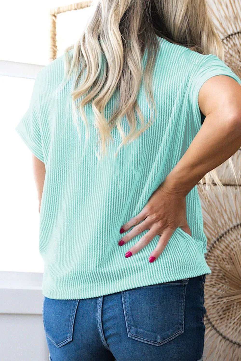 Corded Knit Color Block Pocketed Crew Neck T Shirt OutfitFlow