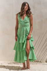 Jade By Jane Sleeveless Gingham Print Tiered Midi Dress GREEN OutfitFlow