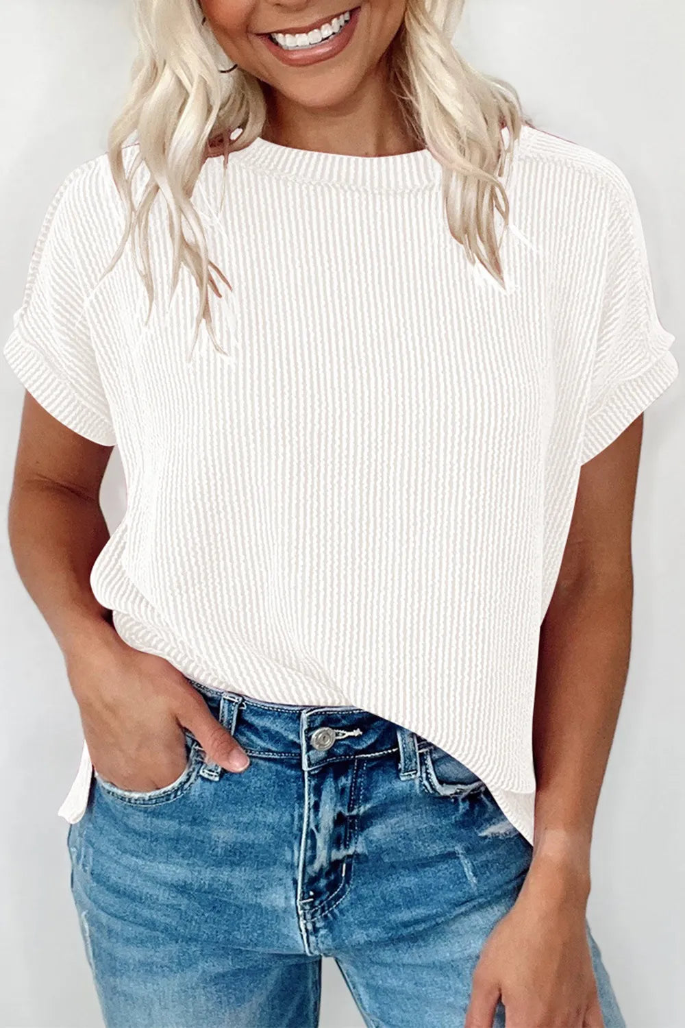 Casual Ribbed Short Sleeve Round Neck T-Shirt White OutfitFlow