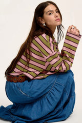 Outfit Flow - Striped Notched Long Sleeve T-Shirt